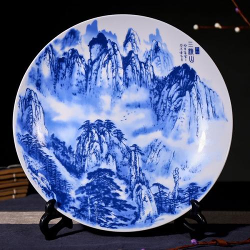 景德镇陶瓷器 青花牡丹瓷盘子摆件 瓷盘看盘装饰工艺品 陶瓷盘画 三维